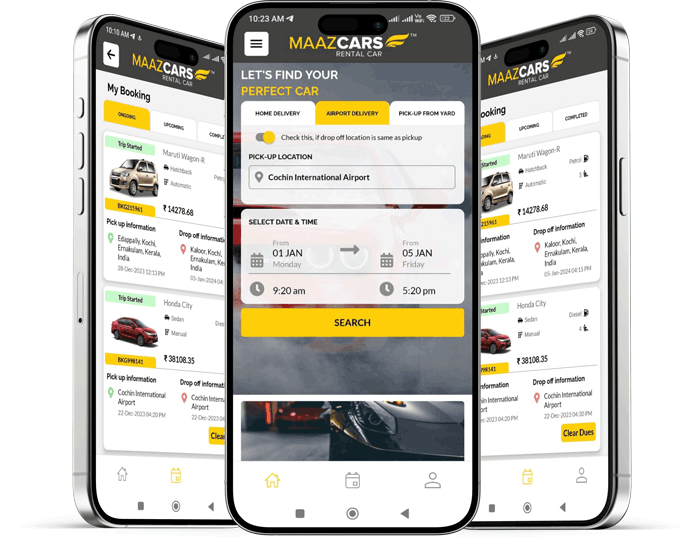 MaazCars App Mockup: Explore, Book and Manage your next rental. Save Time & Money. Download Now!